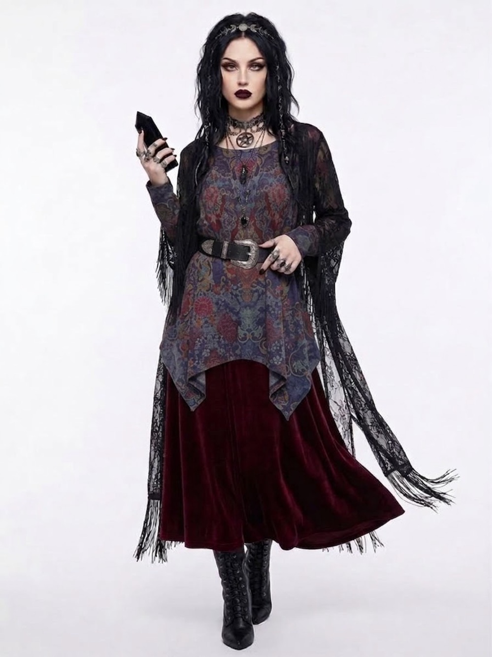 Soft Paisley Floral Long-Sleeve Swing Top in Black, Purple and Burgundy-Medium